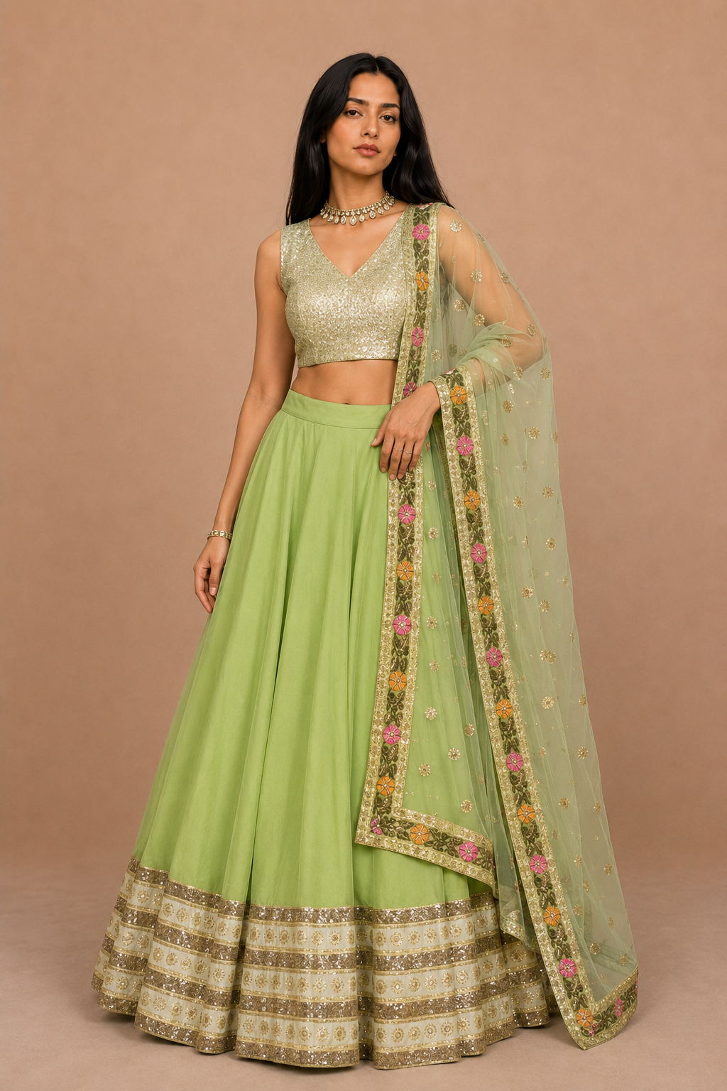 Sage Green Georgette Embroidered Lehenga set